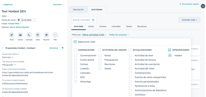 Holded + HubSpot - Filtrar actividad