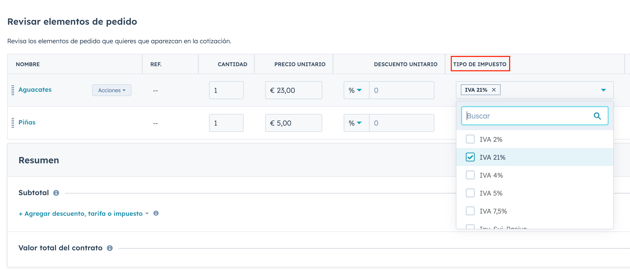 Holded + Hubspot - Tipo de impuesto