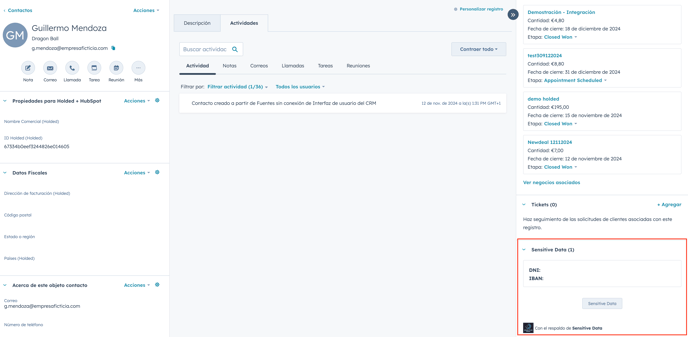 Holded + HubSpot - Sensitive Data tarjeta